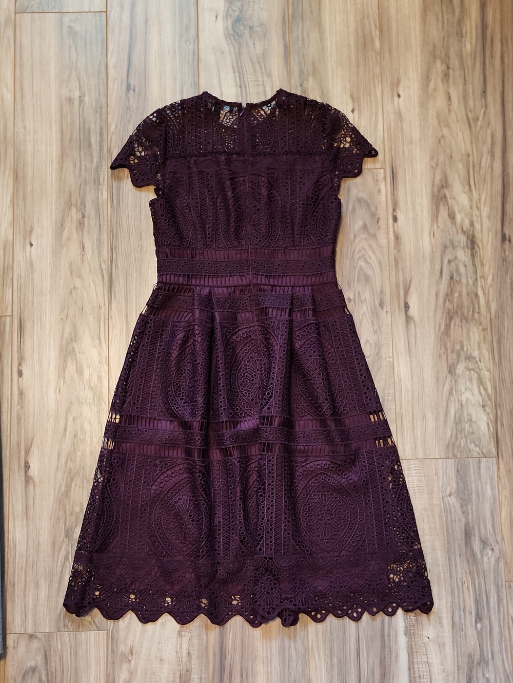 White House Black Market Embroidered Lace Fit-and-Flare in Cabernet - Picture 5 of 6